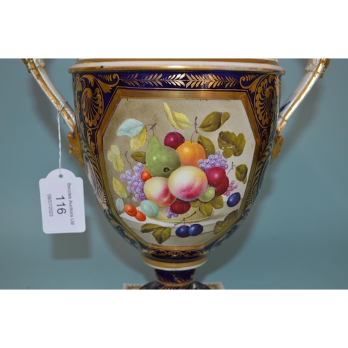 116 - A large late 18th/early 19th Century hand painted Derby two handled vase decorated with a panel of f... 