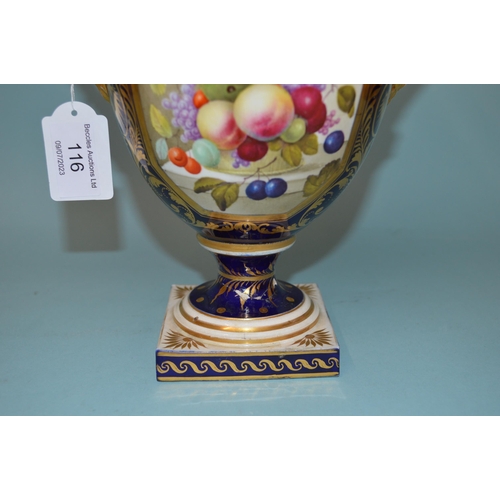 116 - A large late 18th/early 19th Century hand painted Derby two handled vase decorated with a panel of f... 