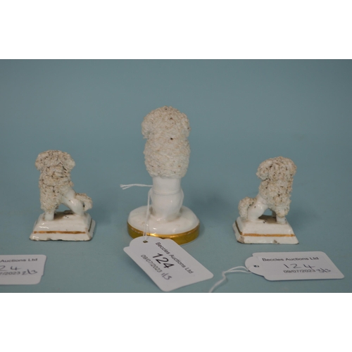 124 - Three 19th Century Staffordshire porcelain poodles, the larger with hat in mouth on gilded base, 3