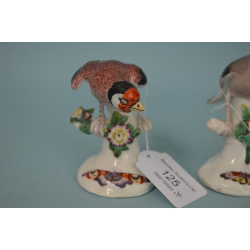 125 - Two late 19th Century Derby porcelain goldfinch figurines, pad marks to base, hand painted, both wit... 