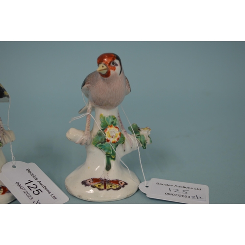 125 - Two late 19th Century Derby porcelain goldfinch figurines, pad marks to base, hand painted, both wit... 