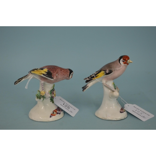 125 - Two late 19th Century Derby porcelain goldfinch figurines, pad marks to base, hand painted, both wit... 