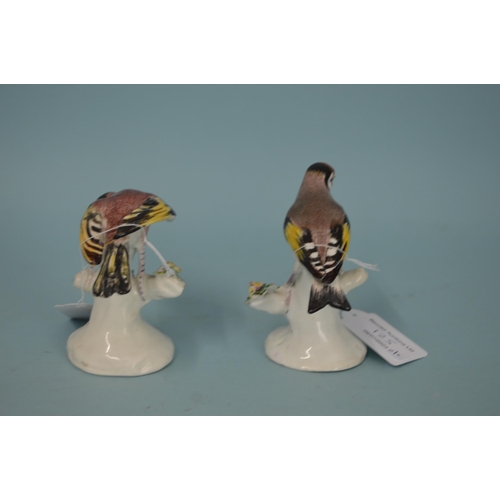 125 - Two late 19th Century Derby porcelain goldfinch figurines, pad marks to base, hand painted, both wit... 