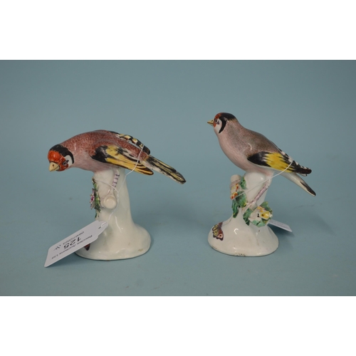 125 - Two late 19th Century Derby porcelain goldfinch figurines, pad marks to base, hand painted, both wit... 