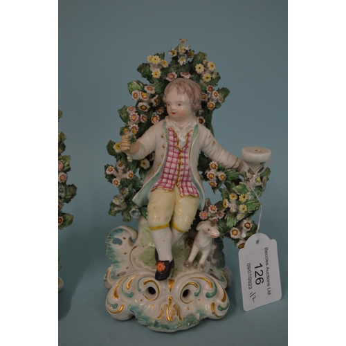 126 - A pair of late 18th Century Derby Dewsbury period porcelain figural former candle sconce holder figu... 