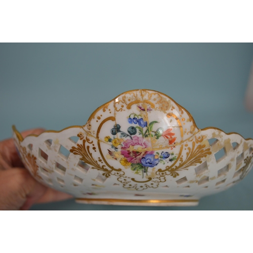 127 - A pair of late 19th Century Dresden hand painted porcelain baskets, blue crossed swords mark to base... 