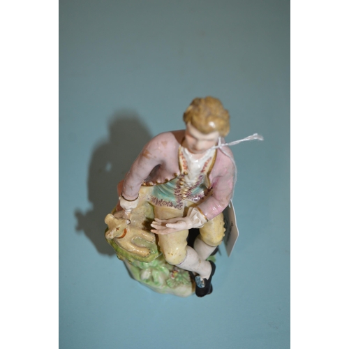 138 - A late 18th Century Derby Dewsbury period male figurine with dog, pad mark to base and impressed num... 