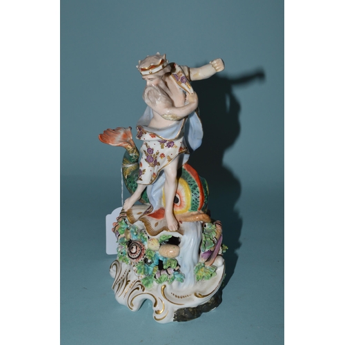 147 - A late 18th Century Derby Duesbury period figurine of Neptune with dolphin, impressed No. 99 to base... 