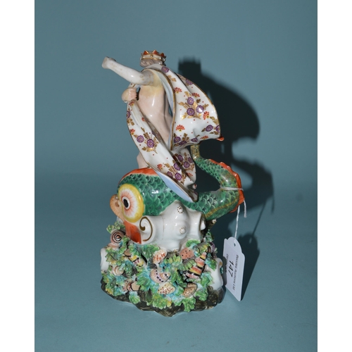 147 - A late 18th Century Derby Duesbury period figurine of Neptune with dolphin, impressed No. 99 to base... 