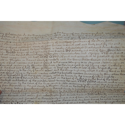 169 - Five 18th Century legal documents and indentures, mainly on vellum, including 1711 Queen Anne with l... 