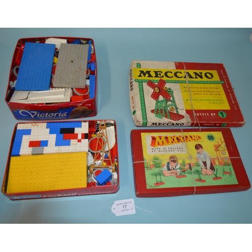 17 - Two vintage boxed Meccano Outfit No.1 and 00 plus two tins of Lego