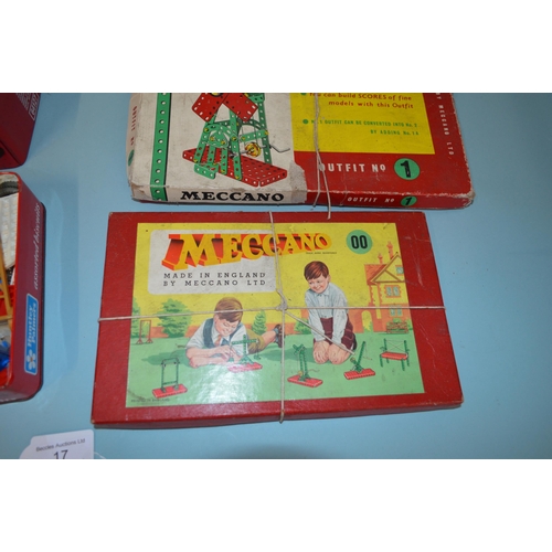 17 - Two vintage boxed Meccano Outfit No.1 and 00 plus two tins of Lego