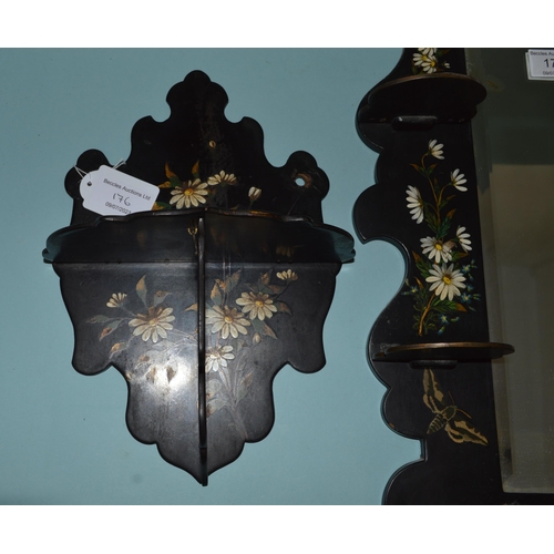 176 - A trio of late Victorian Chinese style hand painted wall display shelves, the largest mirror backed,... 