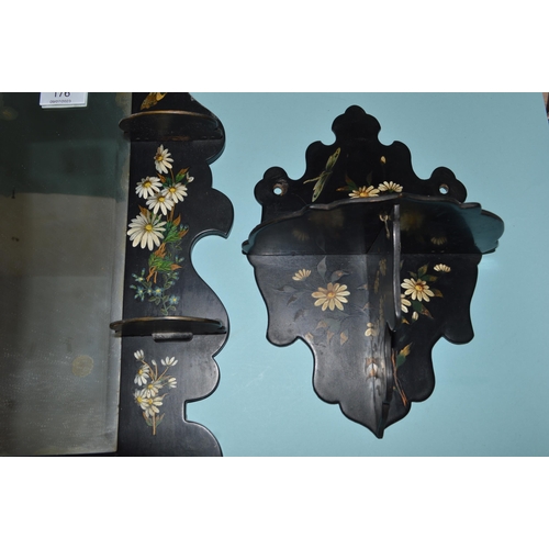 176 - A trio of late Victorian Chinese style hand painted wall display shelves, the largest mirror backed,... 