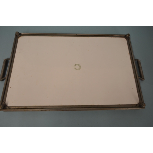 192 - An Art Nouveau period heavy ceramic German tray with white metal frame, marked Gesetzlich Geschutzt,... 