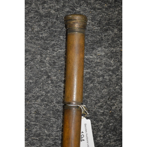 194 - A 19th Century walking cane with hidden internal glass phial with cork stopper, white metal mounts a... 