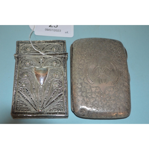 23 - A hallmarked silver cigarette case, a white metal card case plus two silver thimbles