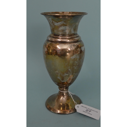 27 - A hallmarked silver vase, marks rubbed, weighted to base, 7 1/4