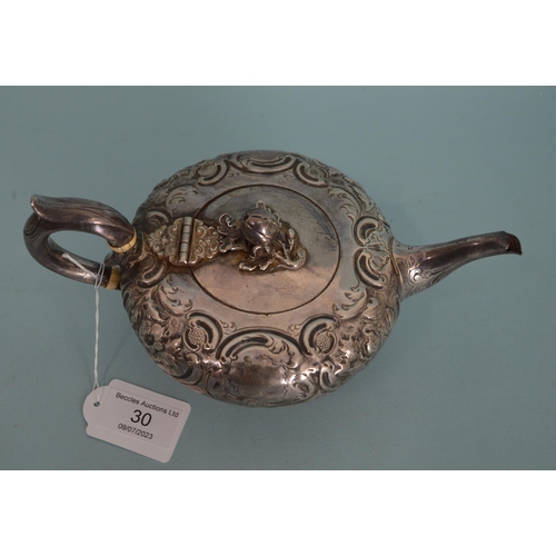 30 - A Victorian hallmarked silver melon shape teapot, London 1855 by Henry Herbert, (dent to foot), 9