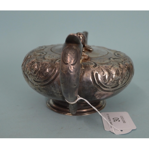 30 - A Victorian hallmarked silver melon shape teapot, London 1855 by Henry Herbert, (dent to foot), 9