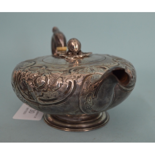 30 - A Victorian hallmarked silver melon shape teapot, London 1855 by Henry Herbert, (dent to foot), 9