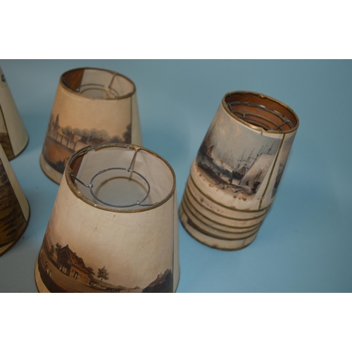 4 - A set of seven late 19th Century printed scene lamp shades, the various prints of London landmark sc... 