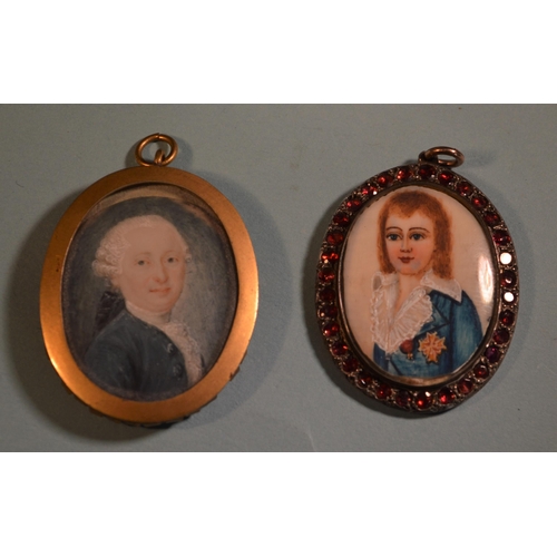 49 - Two small framed hand painted picture miniatures, Georgian gentleman and young man in a white metal ... 