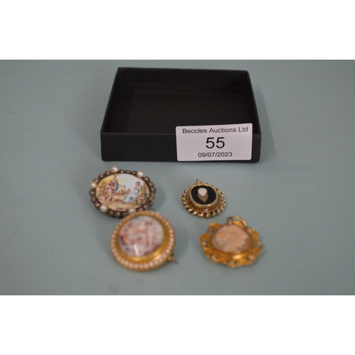 55 - Four vintage brooches, one with enamel plaque, one with ceramic plaque, one cameo and one with stone