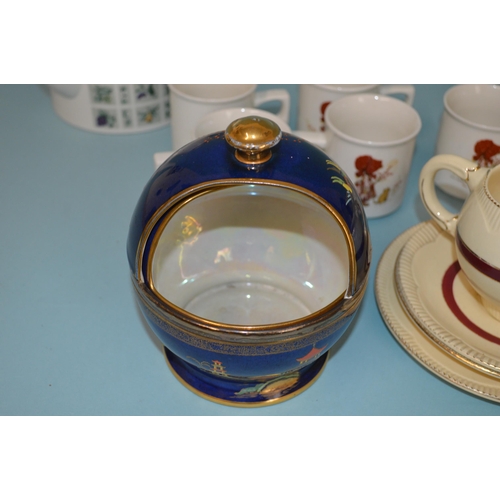 7 - A Royal Doulton 'Tapestry' pattern coffee pot, an unusual Carlton ware silver top sugar bowl with a ... 