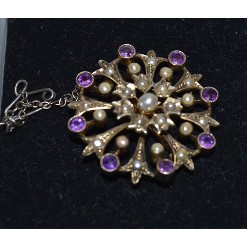 72 - A 9ct gold blue stone and pearl set brooch plus a yellow metal amethyst style and pearl set brooch