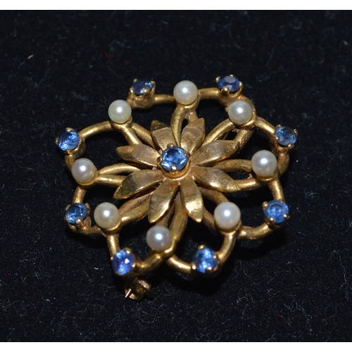 72 - A 9ct gold blue stone and pearl set brooch plus a yellow metal amethyst style and pearl set brooch