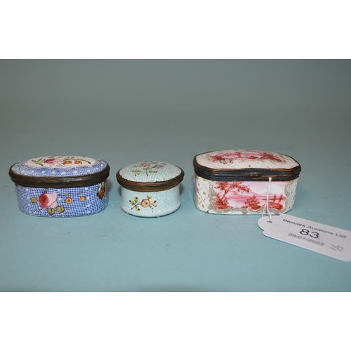 83 - Three late 18th Century Georgian Bilston enamel patch pots, hand painted decoration, two decorated w... 