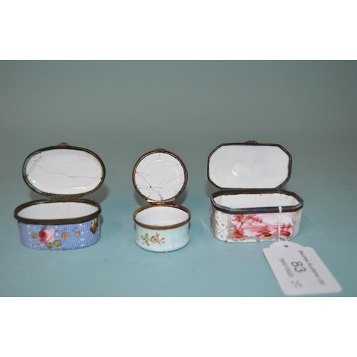 83 - Three late 18th Century Georgian Bilston enamel patch pots, hand painted decoration, two decorated w... 