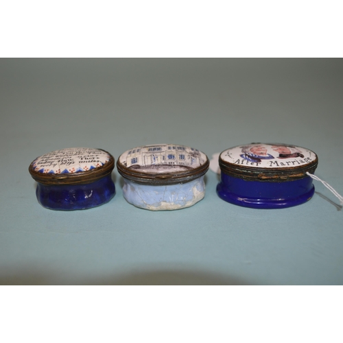 89 - Three late 18th Century Bilston enamel hand painted lidded pots including 'Before and After Marriage... 