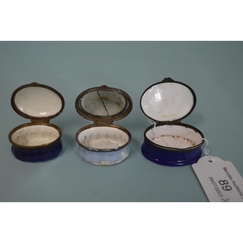 89 - Three late 18th Century Bilston enamel hand painted lidded pots including 'Before and After Marriage... 