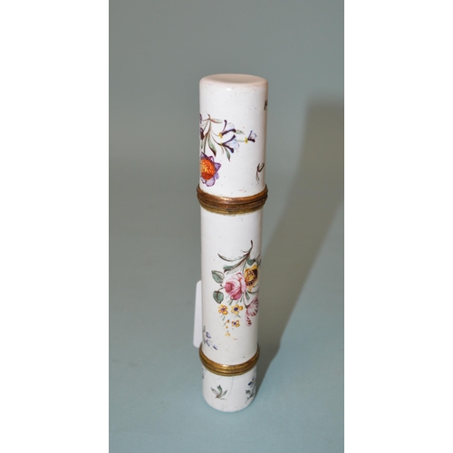 94 - A late 18th Century Georgian Bilston enamel long double ended possibly scent phial, decorated with f... 