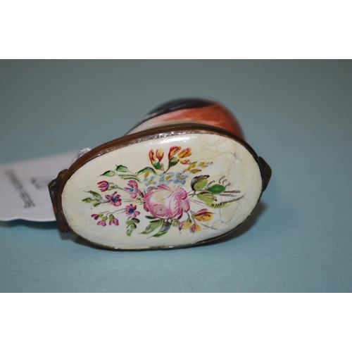 97 - A late 18th Century hand painted enamel bird with hinged lid base decorated with flowers and interna... 