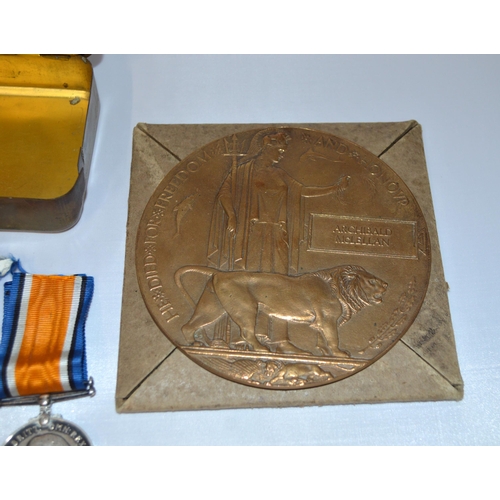 1 - Brother group WWI medals, death plaque, card wrap, S8083 Pte A.McLennan, Victory medal Gordons, Prin... 