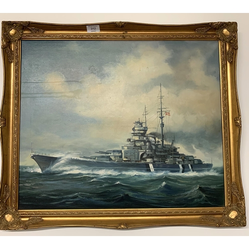 312 - An oil painting of the Bismark on the sea, unknown artist, 27