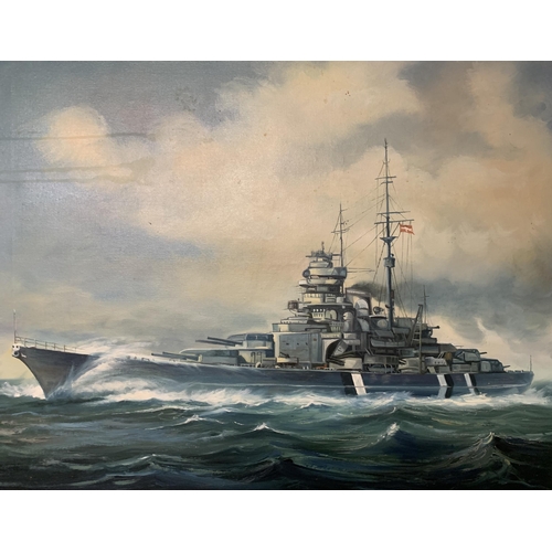 312 - An oil painting of the Bismark on the sea, unknown artist, 27