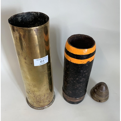 63 - WWI British 18 pdr shrapnel round shell case dated 1916, projectile fuse dated 1917, inert