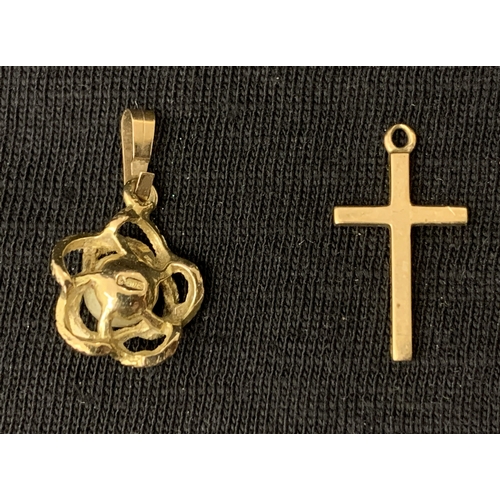 107 - A 9ct gold and pearl style set pendant plus a small 9ct gold cross, total weight approx. 1.5g