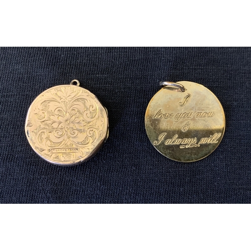 114 - A 9ct gold engraved disc pendant plus a locket marked '9ct Back & Front', total weight approx. 8g