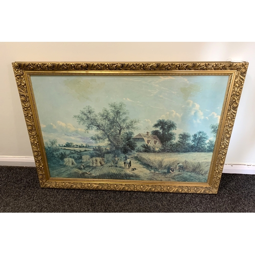 183 - A gold coloured wooden framed print of a farming scene, 36