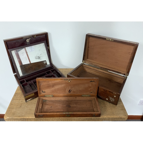 190 - A rosewood with mother of pearl inlay writing box (void interior), a mahogany writing slope (as foun... 