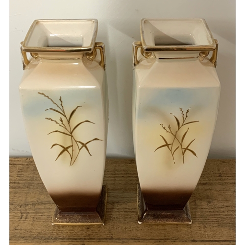 197 - A pair of early 20th Century print and tint vases decorated with birds and over gilding, note attach... 