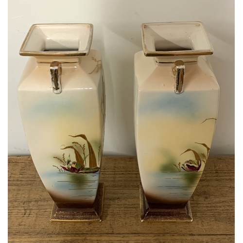 197 - A pair of early 20th Century print and tint vases decorated with birds and over gilding, note attach... 