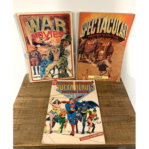 258 - Vintage large Hamlyn photo books, War Movies, Spectacular Films with a vintage Super Heroes poster b... 