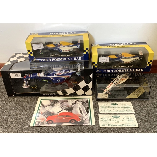 28 - A boxed 'Minichamps' 1:18 scale Williams FW19 Renault racing car plus two Hallmark 1:24 scale race c... 