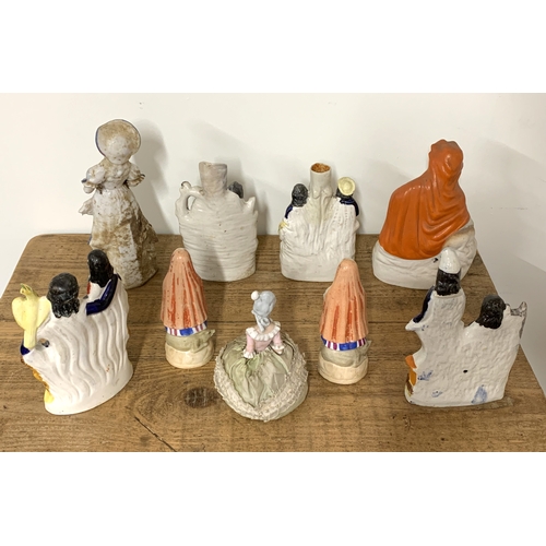 87 - Various Staffordshire and continental figurines including a pin doll